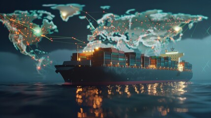 A massive cargo ship sails under a night sky, illuminated by a world map overlay with connecting trade routes, symbolizing global shipping and commerce.