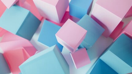 Wall Mural - Pastel blue and pink cubes are interlocked in a geometric, 3D composition, creating a visually stimulating abstract form.