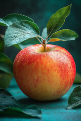 Wall Mural - Freshly picked apple on a pale green backdrop with natural textures,