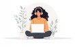 © Gromik - Minimalist UI illustration of a woman with headphones sitting on the floor and working on her laptop in a flat, against a white background with soft round corners