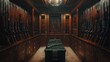 © VK Studio - A meticulously organized gun room with polished wooden cabinets and a display of firearms, illuminated by a central chandelier.