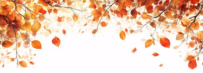 Autumn leaves in the air, white background, copy space concept, wide banner with autumn tree branch with yellow and orange leaves, banner design