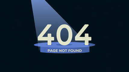 A spotlight shines on a blue platform displaying the number 404 with the text Page Not Found..