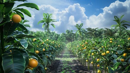 Vibrant Oasis Lush Tropical Fruit Farm Awash in Irrigation Celebrating Agricultural Diversity