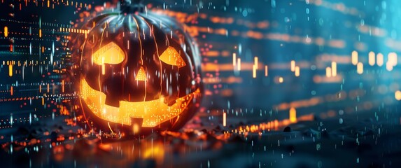 A bright jack-o'-lantern surrounded by glowing digital effects and abstract bokeh. Halloween image combining traditional pumpkin carving with a high-tech, futuristic vibe