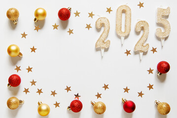 Wall Mural - christmas card banner with gold candle numbers 2025, christmas tree decorations balls and golden sta