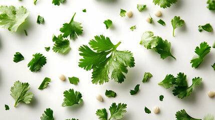 Wall Mural - Fresh Green Coriander Leaves Scattered on White Background