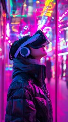 Wall Mural - Young woman experiencing vr in a metaverse entertainment area