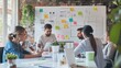 © VK Studio - A vibrant office scene where team members collaborate around a whiteboard filled with colorful sticky notes and diagrams in a modern, industrial-style workspace.