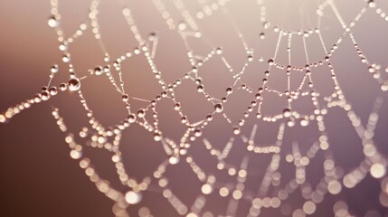 Dew-kissed spider web glistening in the soft morning light, each droplet suspended like precious gems, weaving a delicate, intricate pattern.