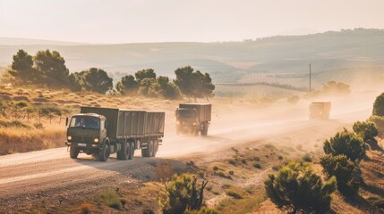 Dust trails behind military trucks as they drive down a sunlit, rural dirt road with scenic fields in the background.