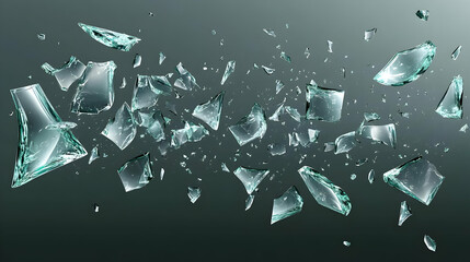 Shattered Glass Pieces Falling Isolated on Grey Background