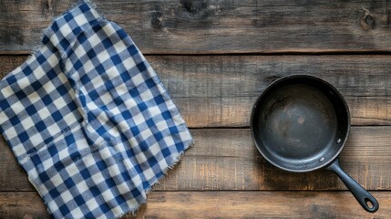 Poster - Frying Pan and Checkered Tablecloth on Rustic Wooden Table