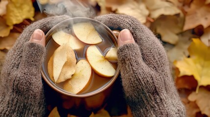 Warm drink with apple slices in cozy hands, surrounded by autumn leaves, perfect for seasonal vibes and comfort.