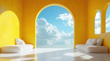 Wall Mural - 3d rendering abstract backgroun3d with blue sky inside the arch windows on the yellow wall white clouds fly inside the room