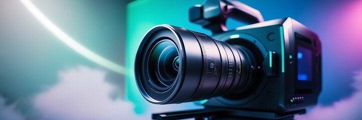 close up of a professional camera with a big lens, Professional digital cinema camera is recording