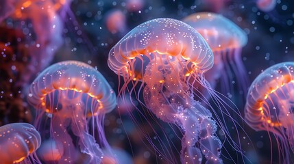 Wall Mural - Underwater scene with glowing jellyfish, cool background