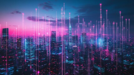 Poster - A vibrant city skyline with glowing lines representing data flow and network connections, illustrating the integration of borderless communication technologies.