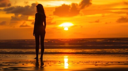 Wall Mural - Silhouette of the woman standing at the beach during beautiful sunset.