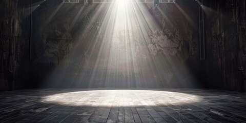 a vast, empty stage with a focused spotlight casting a bright beam on the center of the stage.