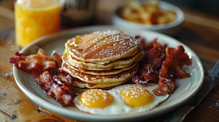 A plate of pancakes, bacon, fried eggs, and a glass of orange juice. A classic breakfast meal.