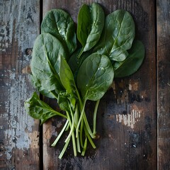 Wall Mural - Fresh Spinach Leaves on Rustic Wooden Background