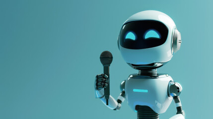 Poster - A robot is holding a microphone and is smiling