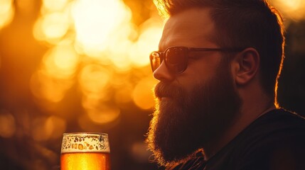 Canvas Print - Bearded man enjoying a cold beer at sunset