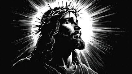 Jesus Christ Silhouette Portrait with Halo on Dark Background, Spiritual Divine Religious new beautiful stock image illustration AI