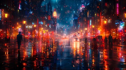 Wall Mural - Urban night scene with vibrant lights, cool background