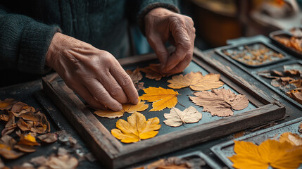 Wall Mural - florist making composition with different leaves in wooden frame