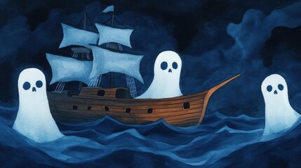 Pirate ship under attack by ghostly sea creatures, eerie ocean, Watercolor style