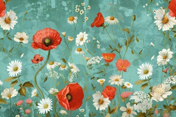 Wall Mural - Vibrant floral pattern featuring red poppies and white daisies on a textured turquoise background