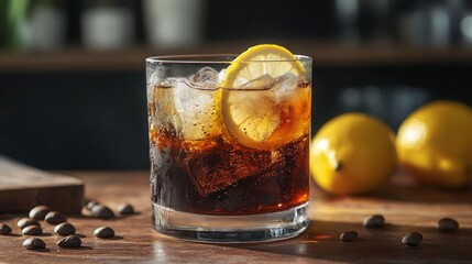 Wall Mural - Espresso tonic with a slice of lemon, beverage photography, 16:9