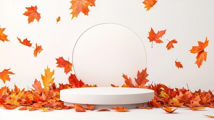 Wall Mural - A minimalist display featuring falling autumn leaves and a floating circle, perfect for seasonal product showcases.