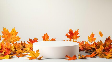 Wall Mural - A minimalistic display of autumn leaves surrounding a white pedestal on a light background, perfect for seasonal presentations.