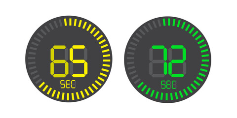 set of timers. full rotation arrow timer diagram from 5 second or minutes to 60. colored flat icons.