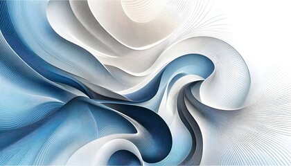 Abstract blue and white wave, curve patterns flowing through a soft landscape background with gentle light.