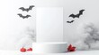 © Kasitthanin - A spooky backdrop featuring bats, fog, and autumn leaves, perfect for Halloween-themed displays or events.