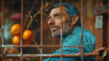 Conceptual portrait of a man with feathers inside a birdcage