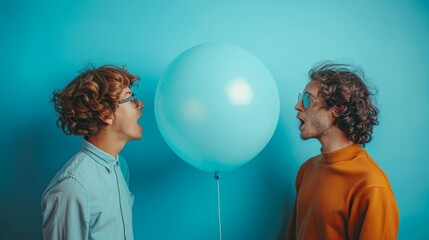 Two men with balloon in playful and surreal setting