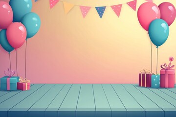 Wall Mural - A stage with balloons, gifts, and garlands on the sides, an empty floor in front.