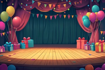 Wall Mural - A stage with balloons, gifts, and garlands on the sides, an empty floor in front.