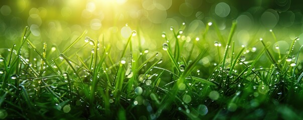 Wall Mural - Close-up of fresh morning dew drops on vibrant green grass, glistening in the sunlight.