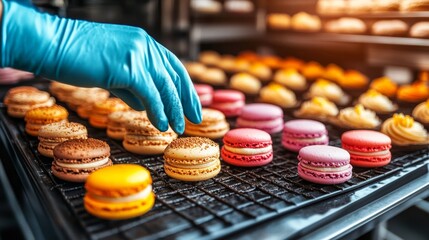 Pastry Chef in Blue Glove Arranges Rows of Colorful Macarons on Cooling Rack, Bakery Scene