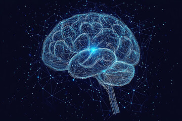 Poster - A glowing brain composed of interconnected nodes on a blue background, representing artificial intelligence, neural networks, and big data technology