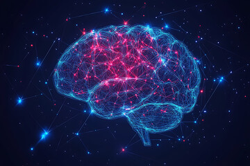 Sticker - A glowing brain composed of interconnected nodes on a blue background, representing artificial intelligence, neural networks, and big data technology