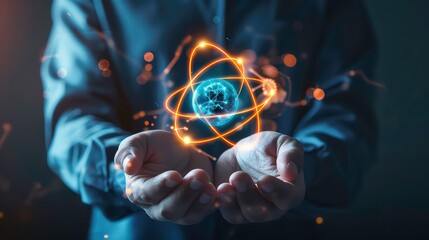 a person's hands are cupped around a glowing atomic structure with a planet in the center, represent