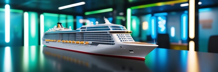 Aerial view of beautiful model cruise ship above luxury cruise close up. tourism travel a vacation time on summer, webinar banner