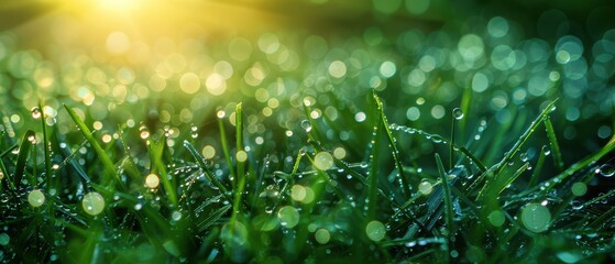 Wall Mural - Close-up of fresh morning dew drops on vibrant green grass, glistening in the sunlight.